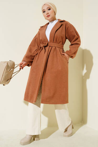 Cepli Kuşaklı Kruvaze Yaka Kaşe Kaban Latte - Kaban