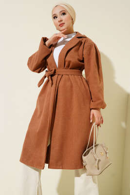 Cepli Kuşaklı Kruvaze Yaka Kaşe Kaban Latte - Kaban