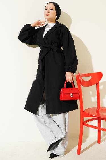 Cepli Kuşaklı Kruvaze Yaka Kaşe Kaban Siyah - Kaban