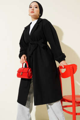 Cepli Kuşaklı Kruvaze Yaka Kaşe Kaban Siyah - Kaban