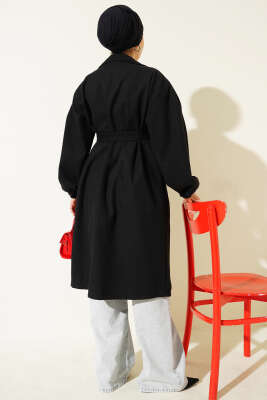 Cepli Kuşaklı Kruvaze Yaka Kaşe Kaban Siyah - Kaban