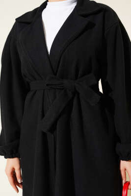 Cepli Kuşaklı Kruvaze Yaka Kaşe Kaban Siyah - Kaban