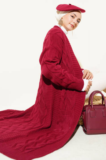 Cepli Örgü Desenli Uzun Hırka Bordo - Hırka