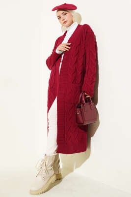 Cepli Örgü Desenli Uzun Hırka Bordo - Hırka