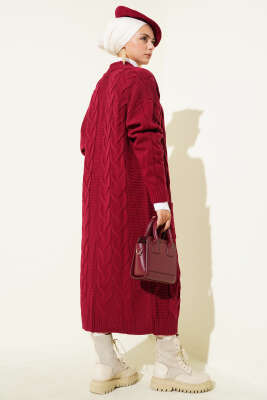 Cepli Örgü Desenli Uzun Hırka Bordo - Hırka