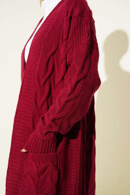 Cepli Örgü Desenli Uzun Hırka Bordo - Hırka