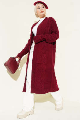 Cepli Örgü Desenli Uzun Hırka Burgonya - RAFİMİX