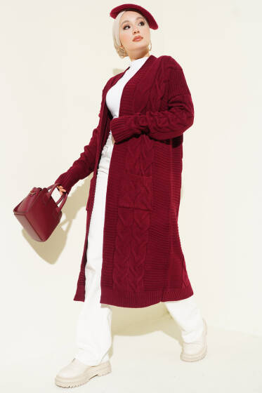 Cepli Örgü Desenli Uzun Hırka Burgonya - Hırka