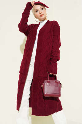 Cepli Örgü Desenli Uzun Hırka Burgonya - Hırka