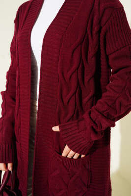 Cepli Örgü Desenli Uzun Hırka Burgonya - Hırka