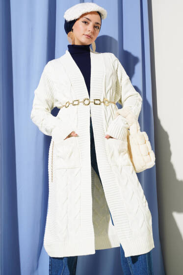 Cepli Örgü Desenli Uzun Hırka Ekru - Hırka