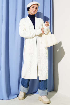 Cepli Örgü Desenli Uzun Hırka Ekru - Hırka