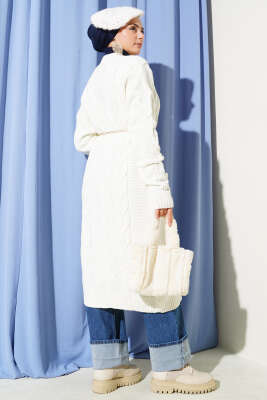 Cepli Örgü Desenli Uzun Hırka Ekru - Hırka