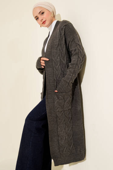 Cepli Örgü Desenli Uzun Hırka Füme - Hırka