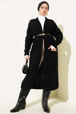 Cepli Örgü Desenli Uzun Hırka Siyah - Hırka