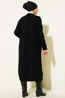 Cepli Örgü Desenli Uzun Hırka Siyah - Hırka