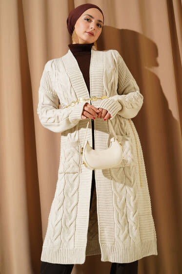 Cepli Örgü Desenli Uzun Hırka Taş - Hırka