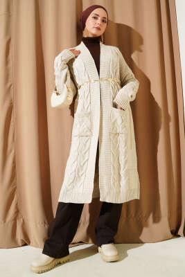 Cepli Örgü Desenli Uzun Hırka Taş - Hırka