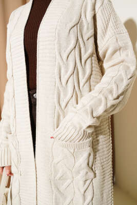 Cepli Örgü Desenli Uzun Hırka Taş - Hırka