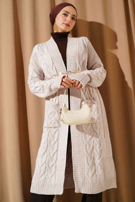 Cepli Örgü Desenli Uzun Hırka Taş 