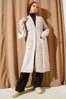 Cepli Örgü Desenli Uzun Hırka Taş - Hırka