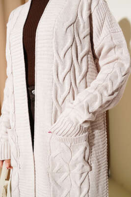 Cepli Örgü Desenli Uzun Hırka Taş - Hırka