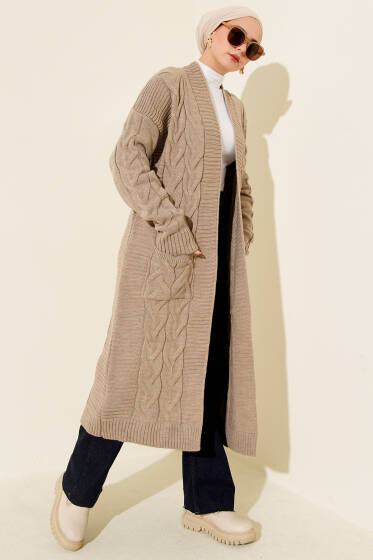 Cepli Örgü Desenli Uzun Hırka Vizon - Hırka