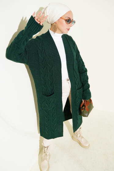 Cepli Örgü Desenli Uzun Hırka Zümrüt - Hırka