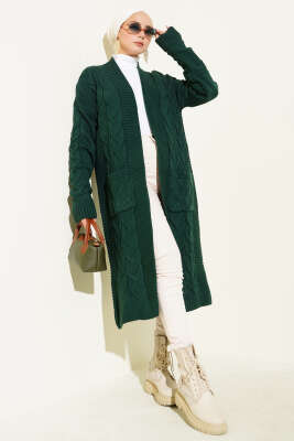 Cepli Örgü Desenli Uzun Hırka Zümrüt - Hırka