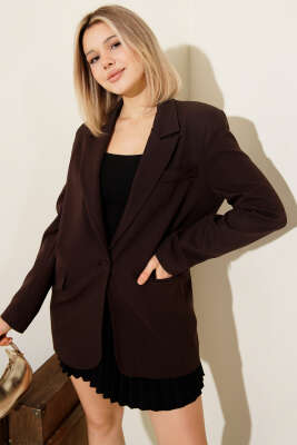 Cepli Tek Düğmeli Blazer Ceket Kahve - Kadın Giyim Modelleri