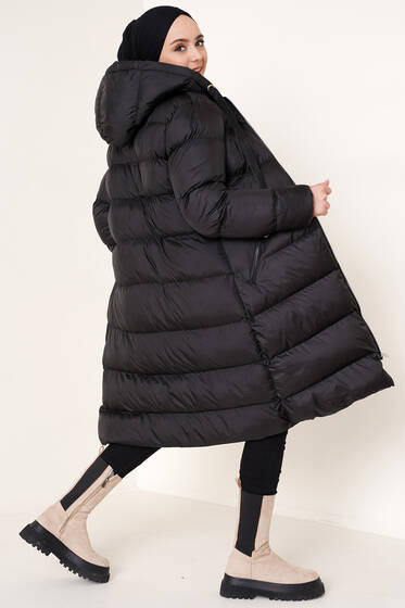 Cepli Uzun Şişme Mont Siyah - Mont