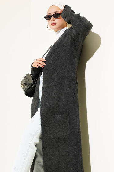 Cepli Uzun Triko Hırka Antrasit - Hırka