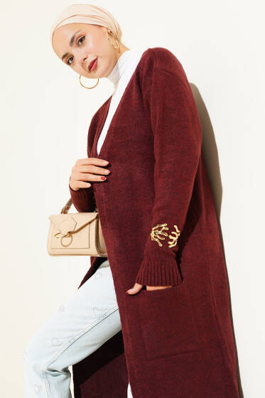 Cepli Uzun Triko Hırka Bordo - Hırka