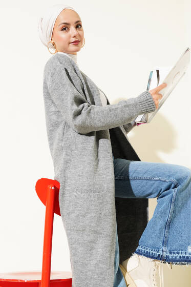 Cepli Uzun Triko Hırka Gri - Hırka