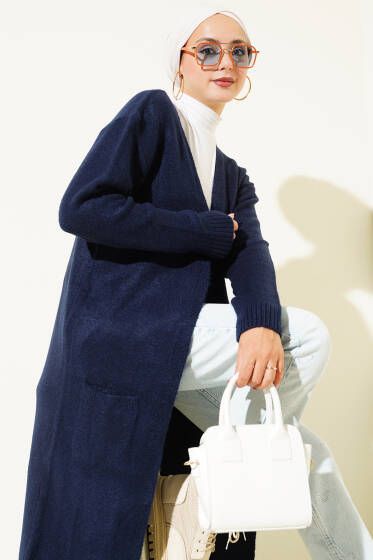 Cepli Uzun Triko Hırka Lacivert - Hırka