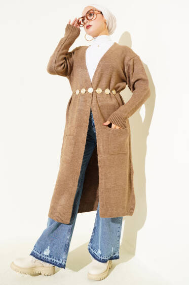 Cepli Uzun Triko Hırka Vizon - Hırka