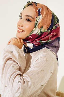 Chavelle El Dikişli Twill Eşarp Lacivert - Desenli Eşarp