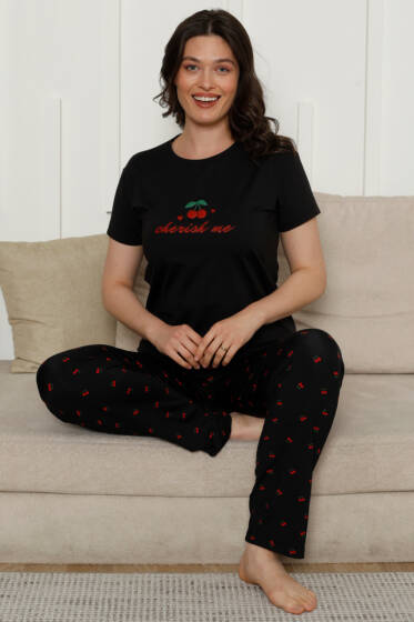 Cherish Me Baskılı Kısa Kol Pijama Takımı Siyah - Pijama