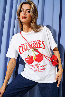 Cherries Baskılı Basic T-shirt Beyaz - Kadın Giyim Modelleri
