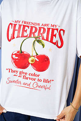 Cherries Baskılı Basic T-shirt Beyaz - Kadın Giyim Modelleri