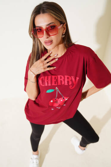 Cherry Baskılı T-shirt Bordo - Kadın Giyim Modelleri