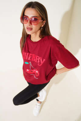 Cherry Baskılı T-shirt Bordo - Kadın Giyim Modelleri