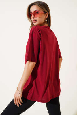 Cherry Baskılı T-shirt Bordo - Kadın Giyim Modelleri