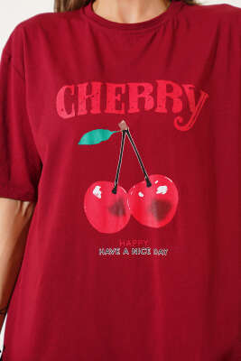 Cherry Baskılı T-shirt Bordo - Kadın Giyim Modelleri