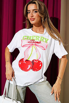 Cherry Bomb Baskılı T-shirt Beyaz - Kadın Giyim Modelleri