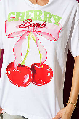 Cherry Bomb Baskılı T-shirt Beyaz - Kadın Giyim Modelleri