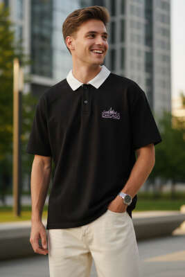 Chicago Nakışlı Polo Yaka T-shirt Siyah - Erkek Siyah Tişört