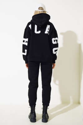 Chicago Yazılı Üç İplik İkili Takım Siyah - Kadın Giyim Modelleri