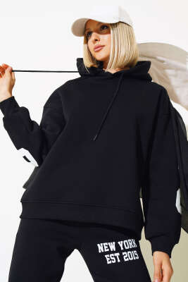 Chicago Yazılı Üç İplik İkili Takım Siyah - Kadın Giyim Modelleri