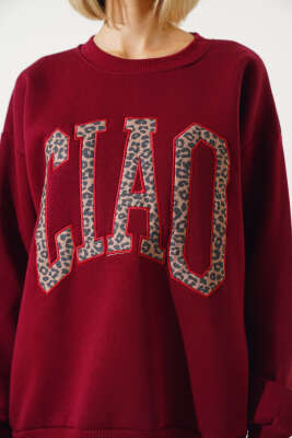 Ciao Leopar Yazılı Şardonlu Sweatshirt Bordo - Kadın Giyim Modelleri